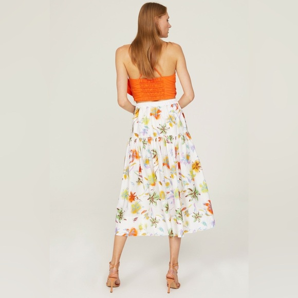 Tanya Taylor Lara White Floral Multicolor Cotton Tiered A-line Midi Skirt EUC XL - Picture 3 of 12